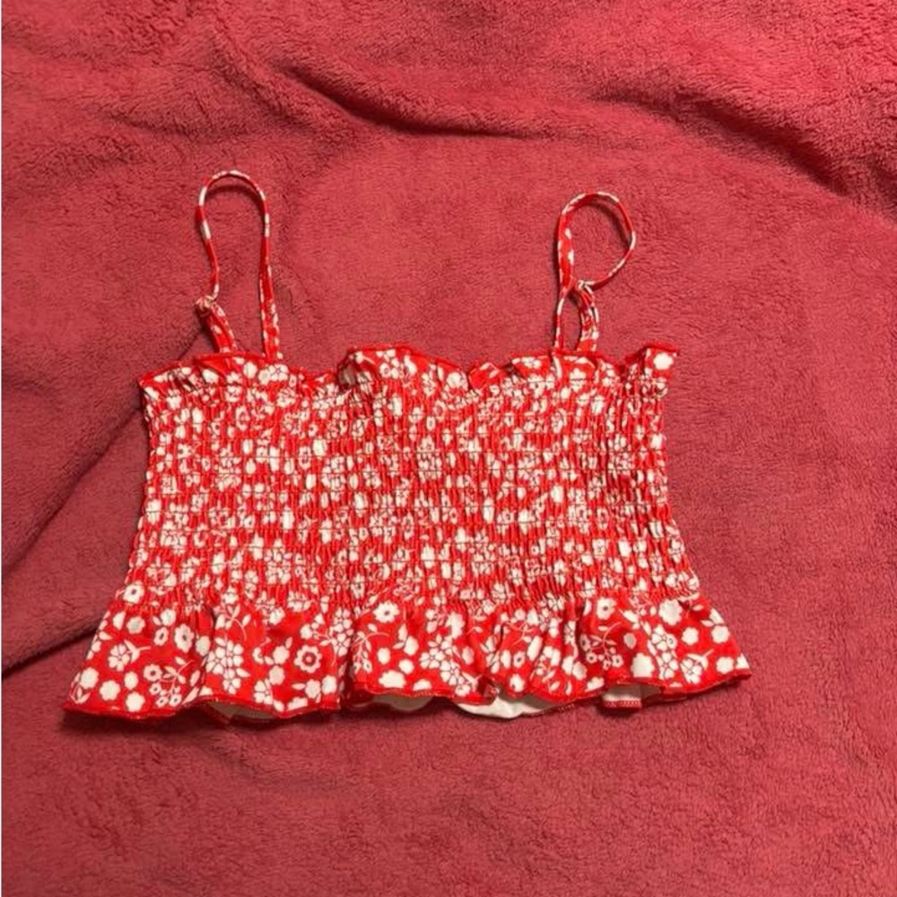 SHEIN Red Floral Smocked Bikini Top